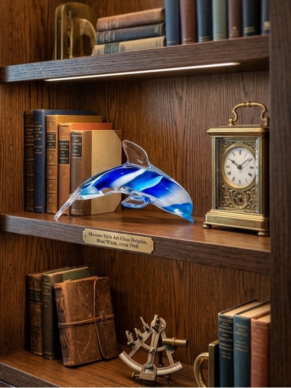 Murano Style Art Glass Dolphin Figurine Paperweight Blue White